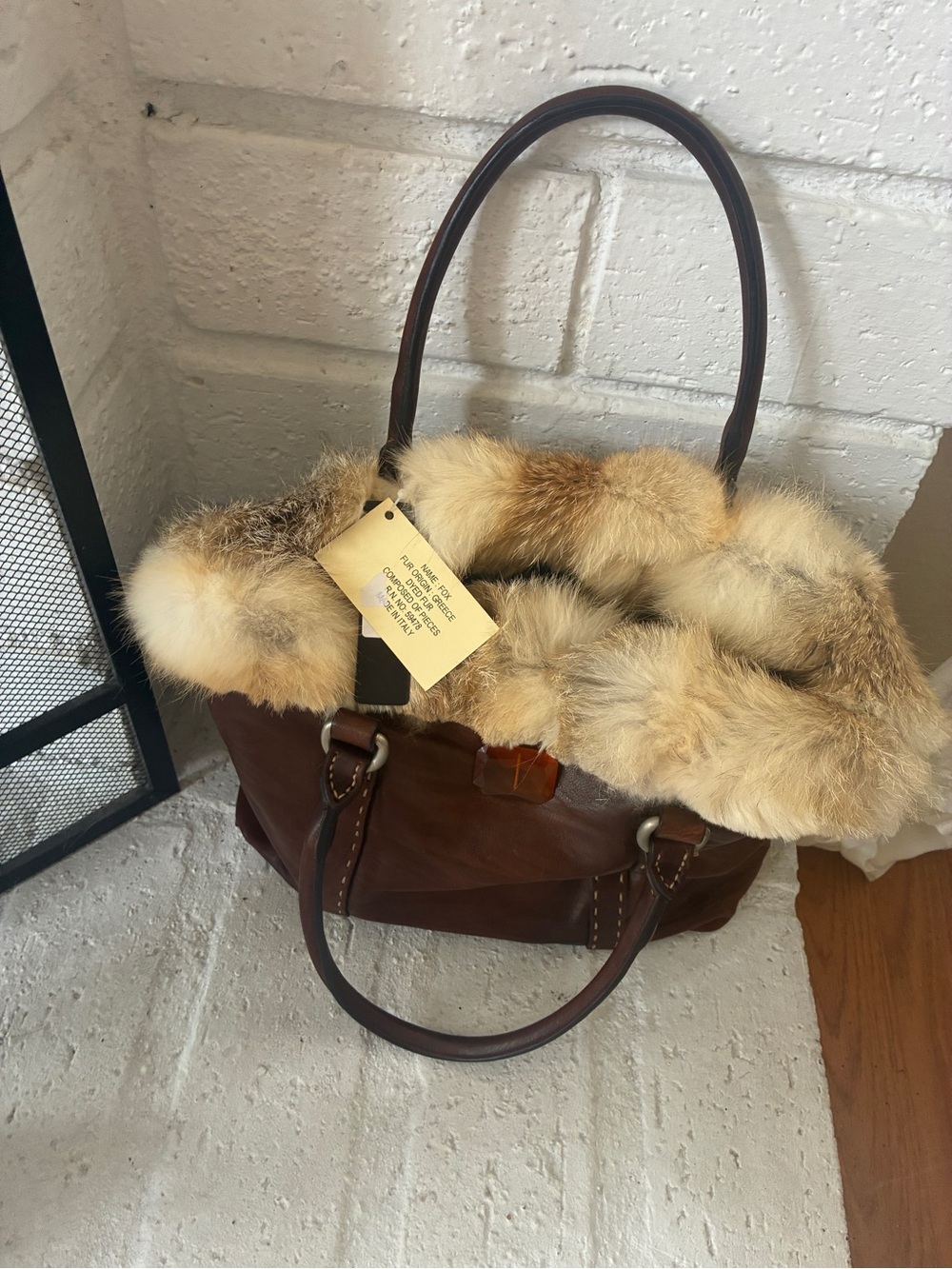 NWT Falor Handbag Genuine Leather Fox fur Greece Italy